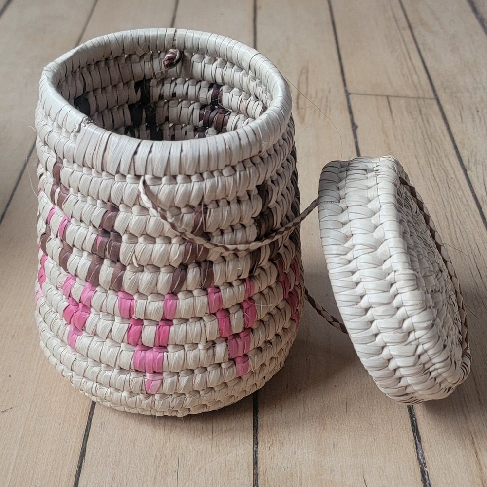 Vintage Pink and Brown Woven Purse, Basket, Hanging Planter